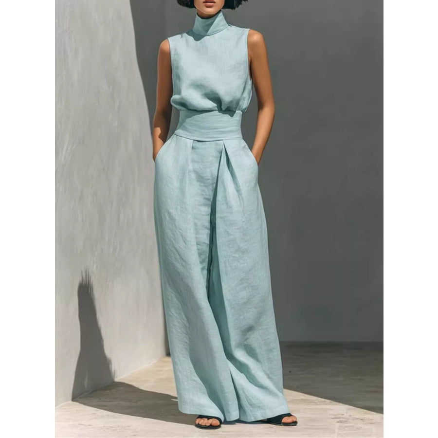 Turtleneck Sleeveless Top and Wide-Leg Pants Set Sky Blue / S Apparel and Accessories