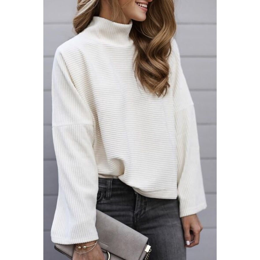 Turtleneck Slit Dropped Shoulder Sweater White / S Clothing