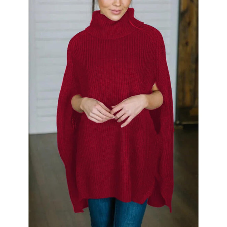 Turtleneck Slit Sweater Brick Red / One Size