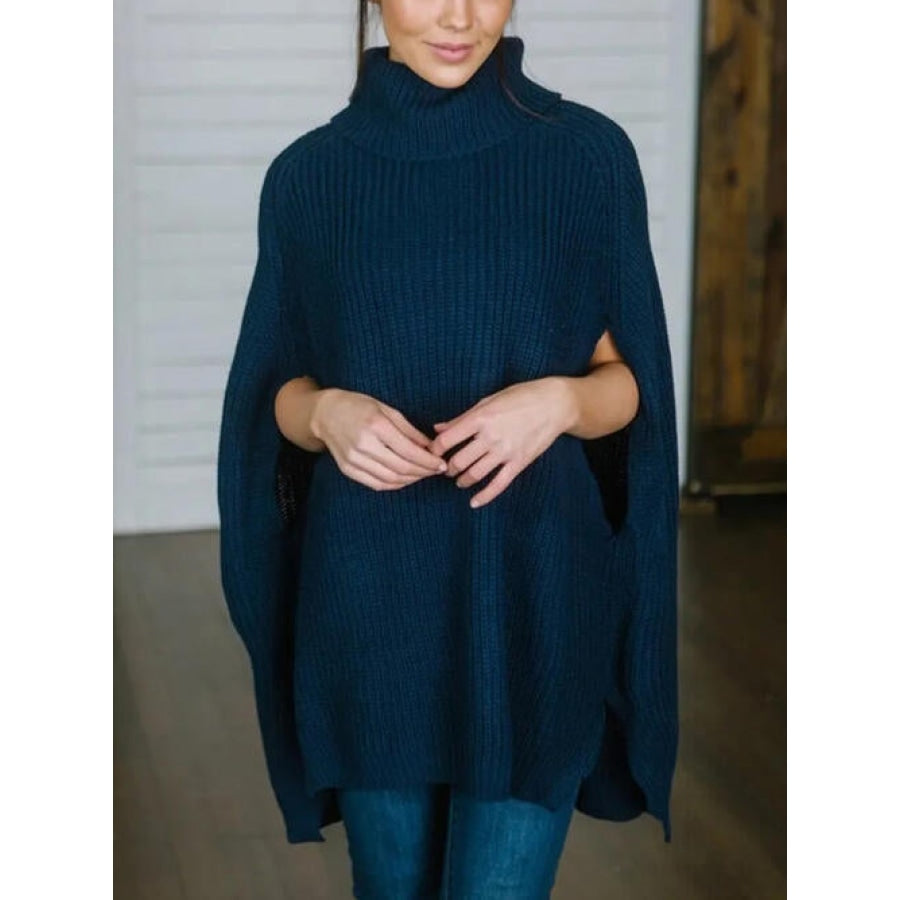 Turtleneck Slit Sweater Deep Teal / One Size