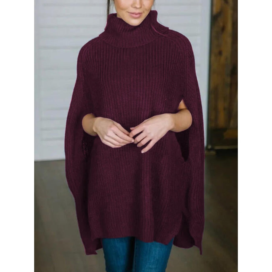 Turtleneck Slit Sweater Plum / One Size