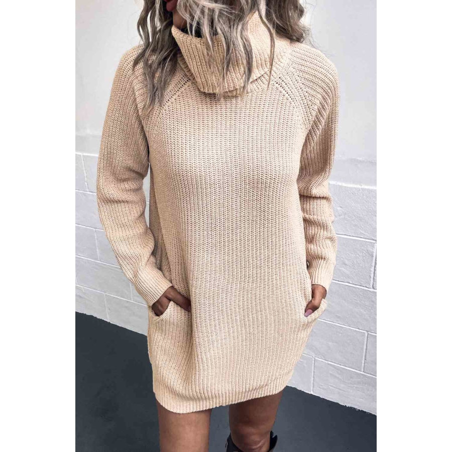 Turtleneck Sweater Dress with Pockets Beige / S