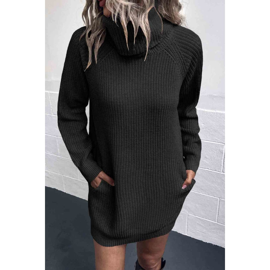 Turtleneck Sweater Dress with Pockets Black / S