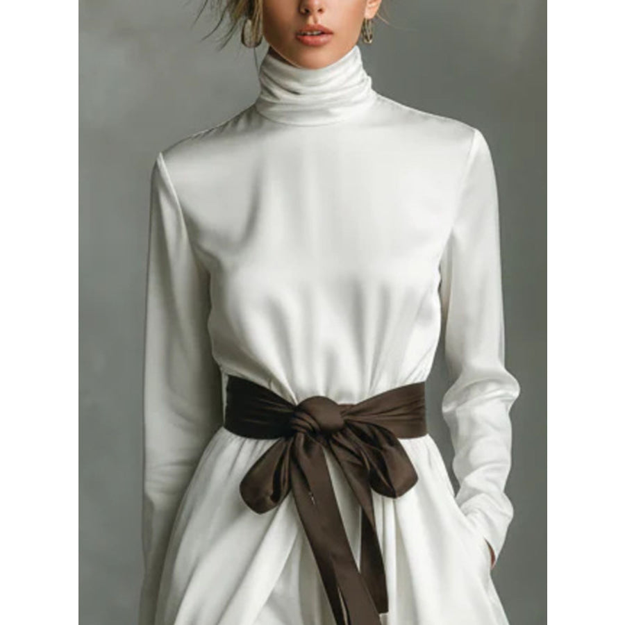 Turtleneck Tie Waist Midi Dress Apparel and Accessories