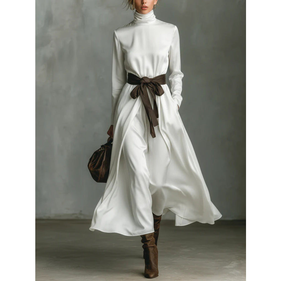 Turtleneck Tie Waist Midi Dress White / S Apparel and Accessories