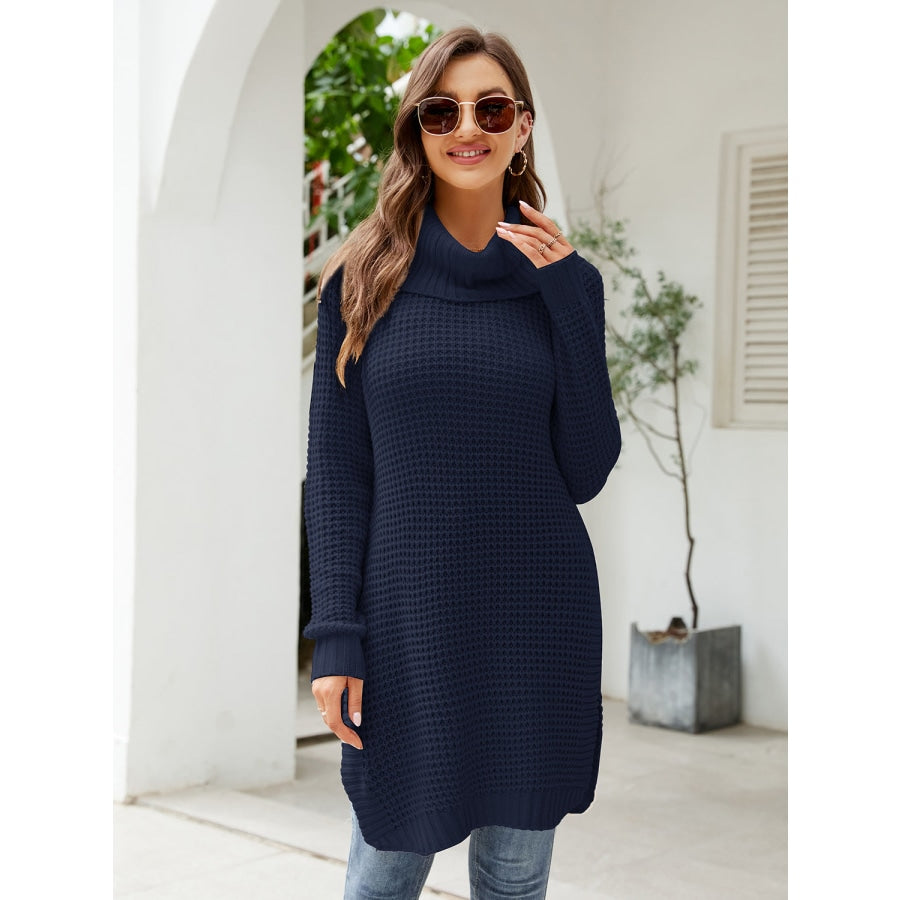 Turtleneck Waffle-Knit Slit Sweater Dress Dark Navy / S