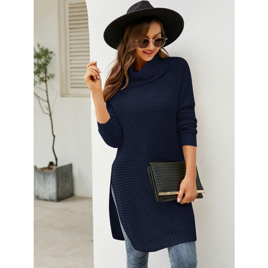 Turtleneck Waffle-Knit Slit Sweater Dress