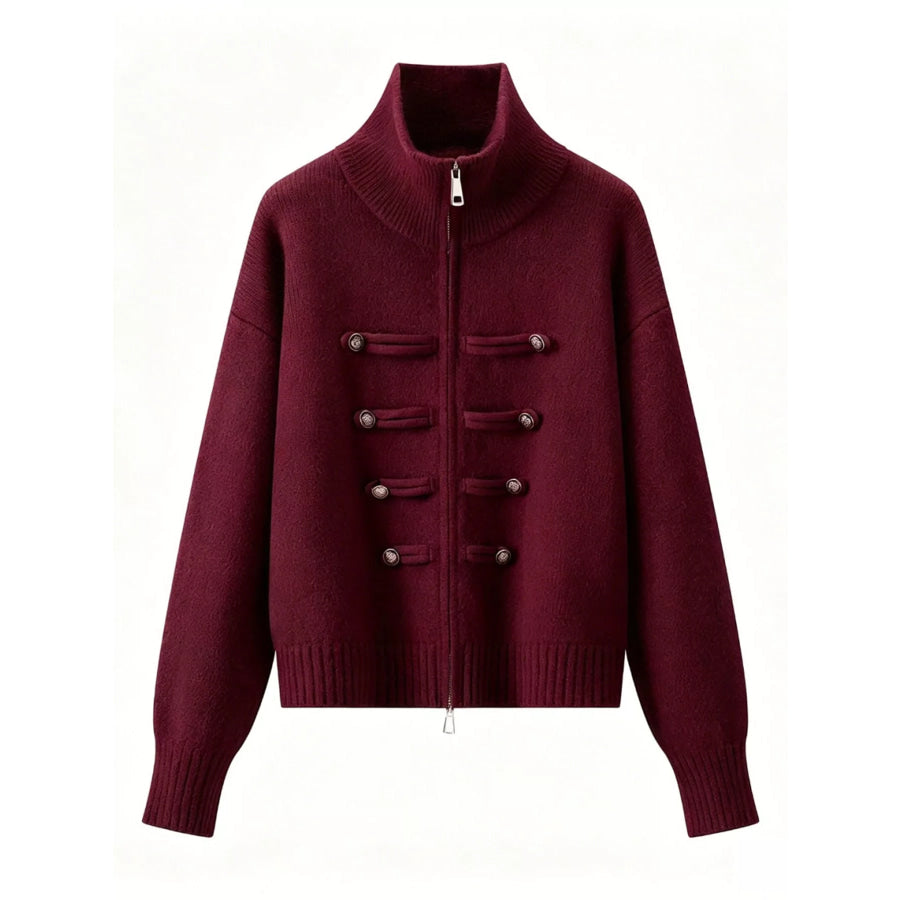 Turtleneck Zip-Up Cardigan Burgundy / S Apparel and Accessories
