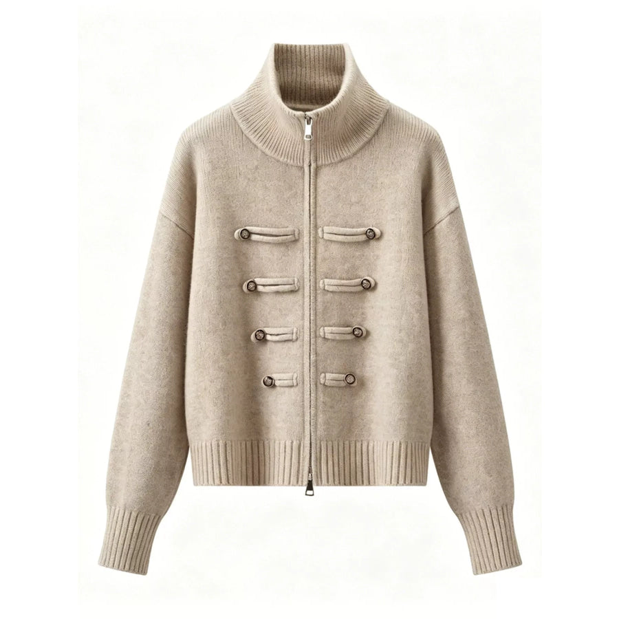 Turtleneck Zip-Up Cardigan Oatmeal / S Apparel and Accessories