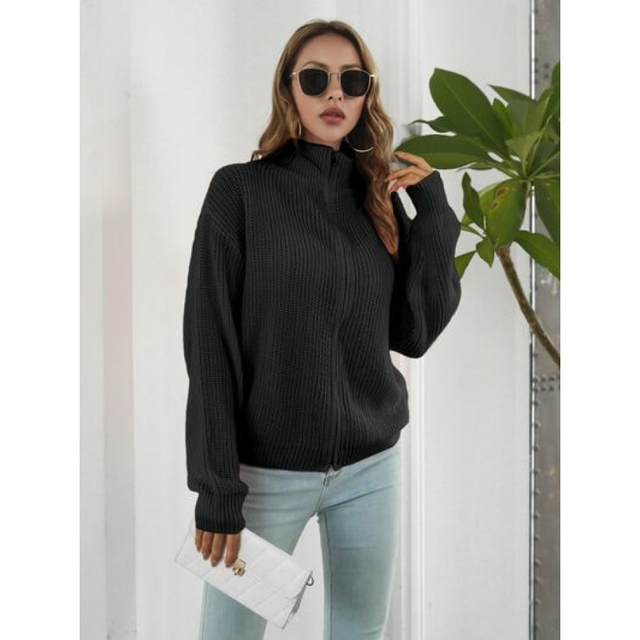 Turtleneck Zip Up Long Sleeve Knit Top Black / S Clothing