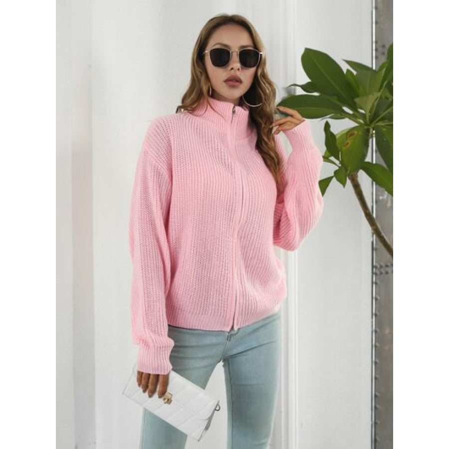 Turtleneck Zip Up Long Sleeve Knit Top Blush Pink / S Clothing