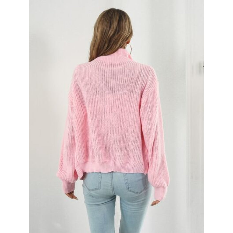 Turtleneck Zip Up Long Sleeve Knit Top Clothing