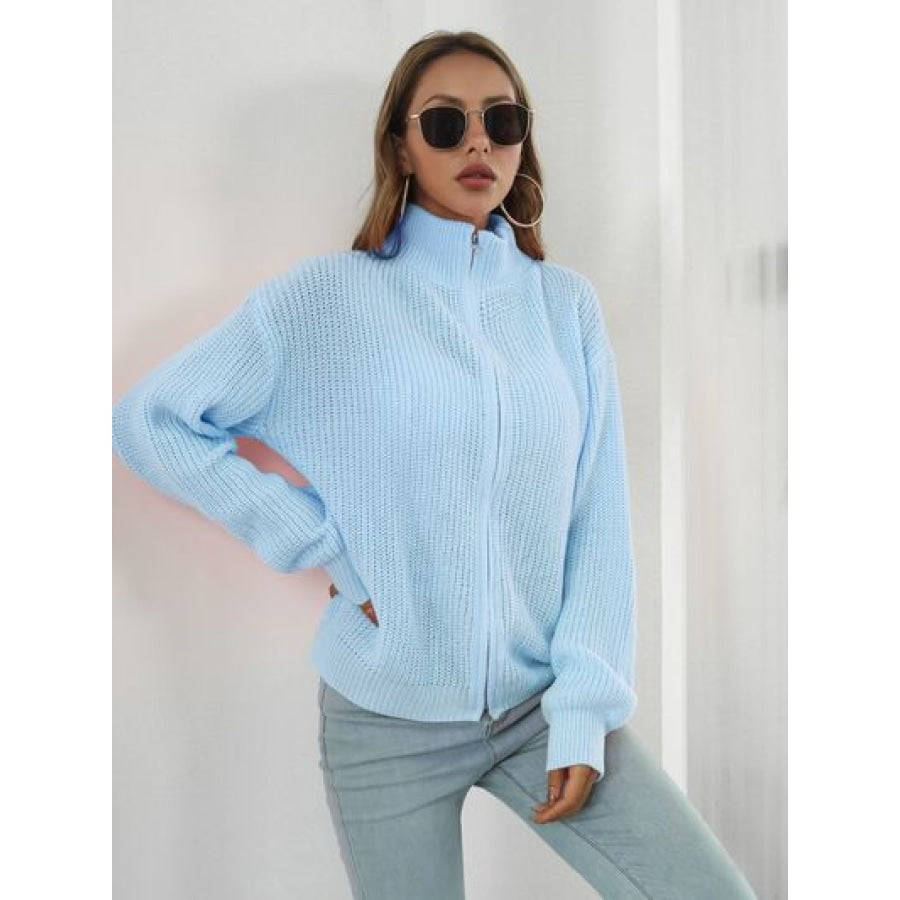 Turtleneck Zip Up Long Sleeve Knit Top Clothing