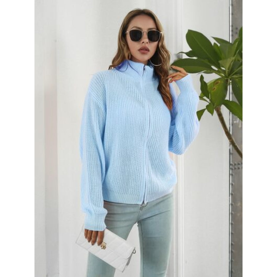 Turtleneck Zip Up Long Sleeve Knit Top Clothing