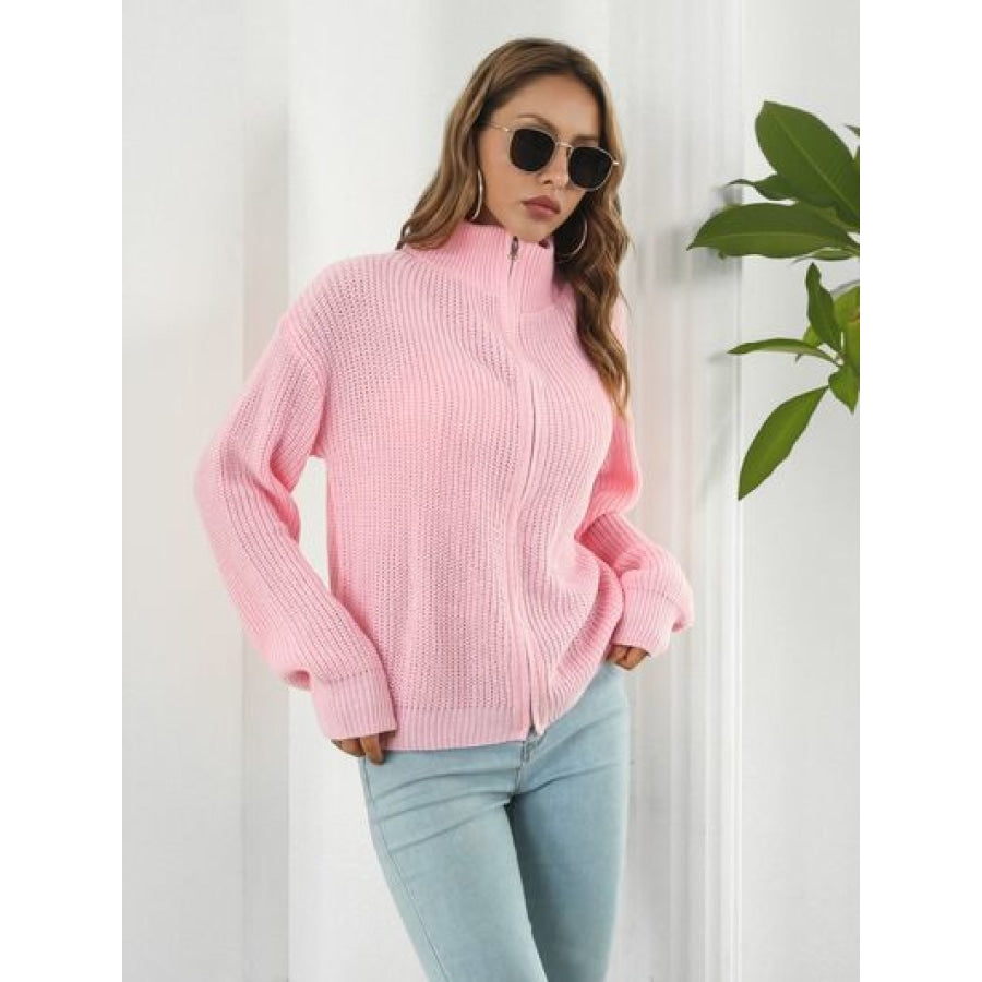 Turtleneck Zip Up Long Sleeve Knit Top Clothing