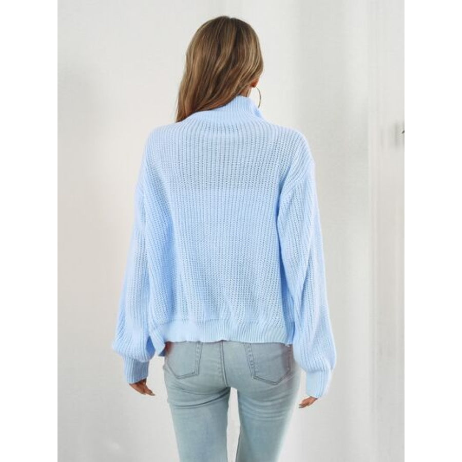 Turtleneck Zip Up Long Sleeve Knit Top Pastel Blue / S Clothing