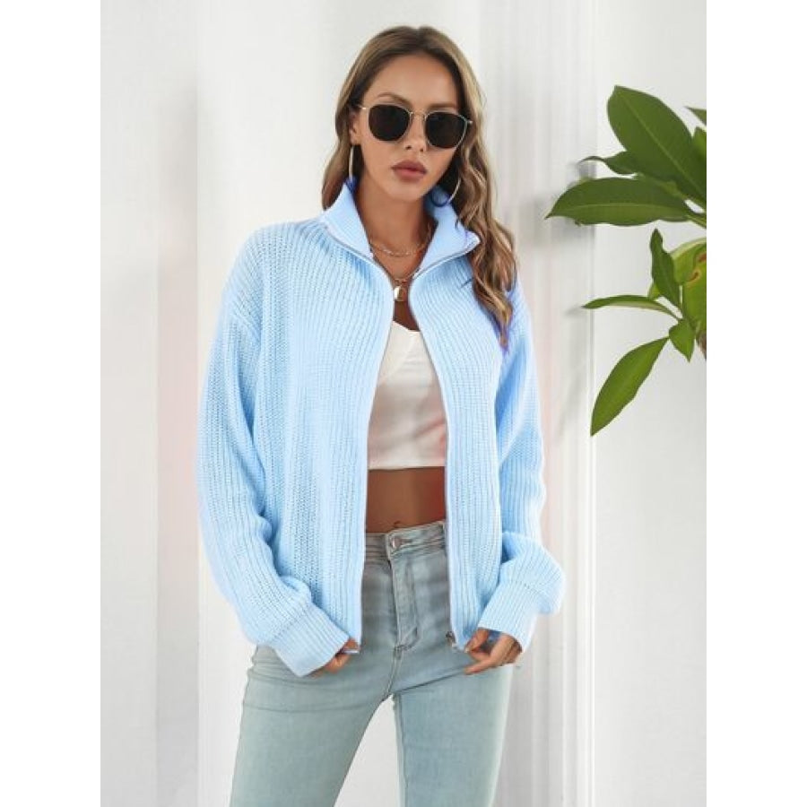 Turtleneck Zip Up Long Sleeve Knit Top Pastel Blue / S Clothing