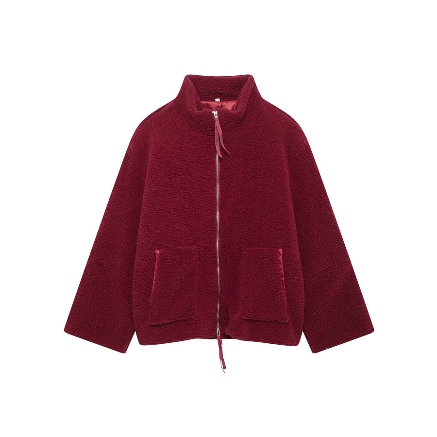 Turtleneck Zip Up Long Sleeve Plush Jacket Burgundy / XS Apparel and Accessories