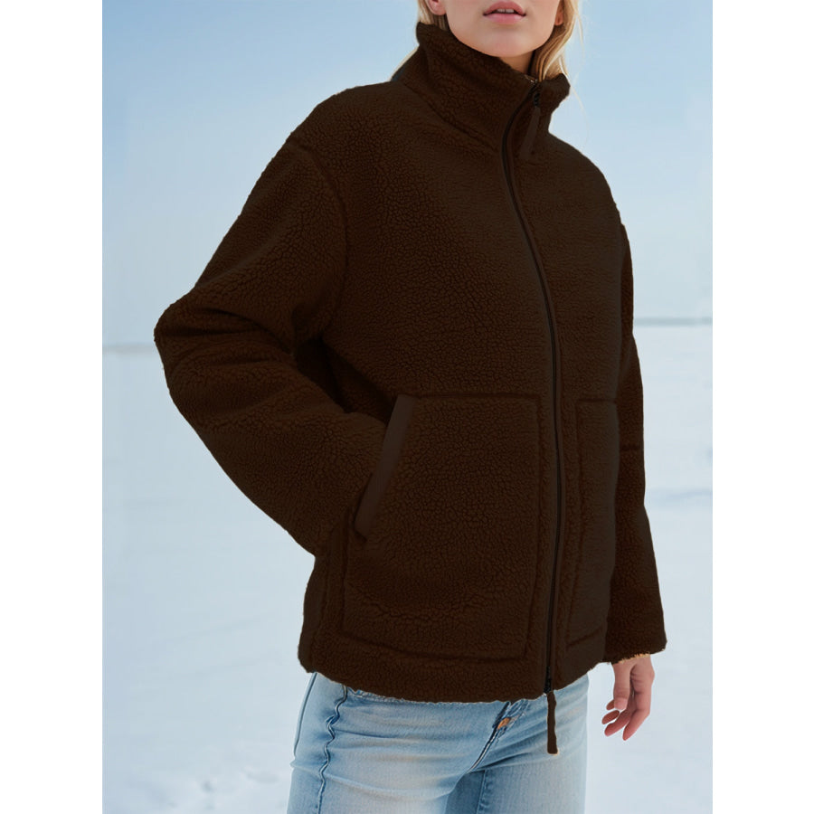 Turtleneck Zip Up Long Sleeve Plush Jacket Dark Brown / XS Apparel and Accessories