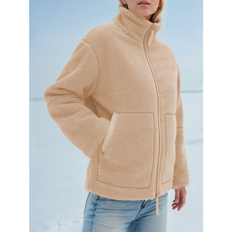 Turtleneck Zip Up Long Sleeve Plush Jacket Tan / XS Apparel and Accessories