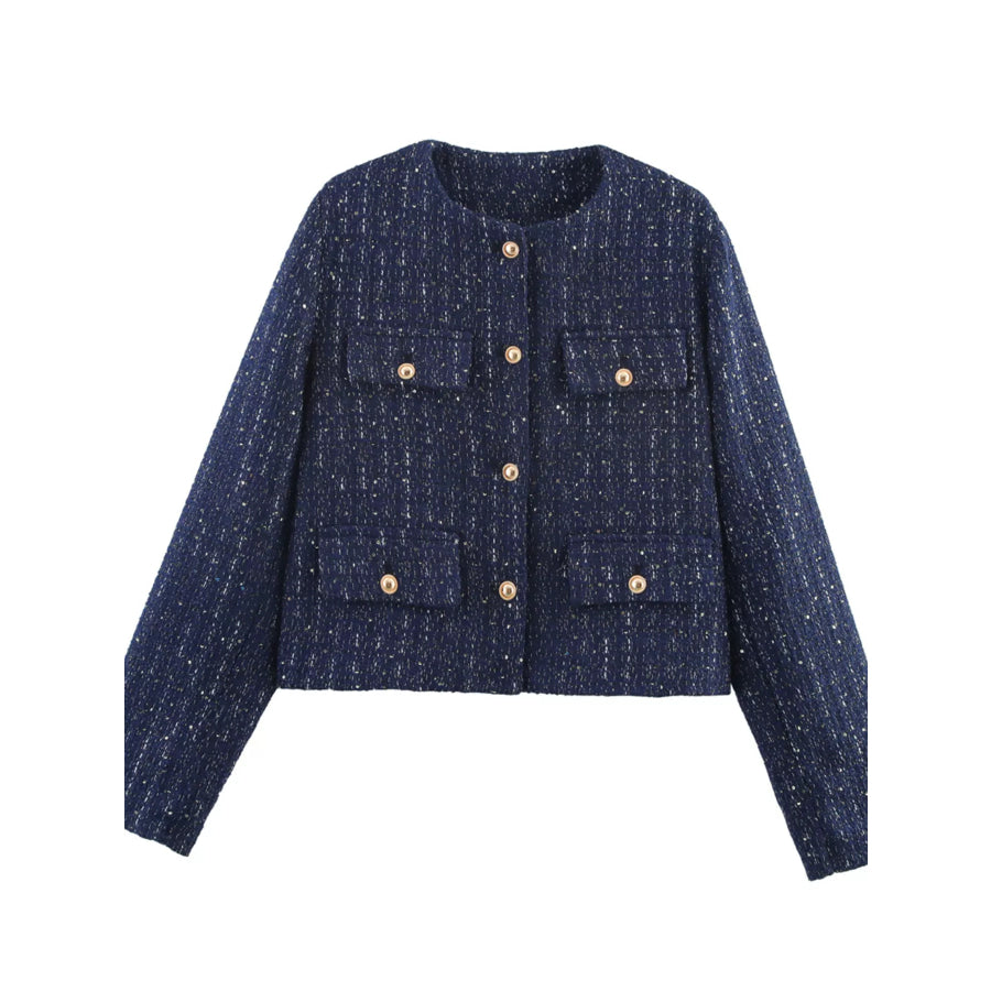 Tweed Button Up Cropped Outerwear Dark Blue / XS Apparel and Accessories