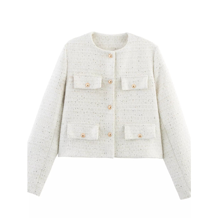 Tweed Button Up Cropped Outerwear White 1 / XS Apparel and Accessories