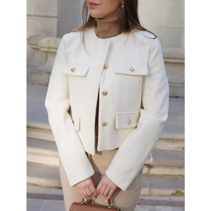 Tweed Button Up Cropped Outerwear White / XS Apparel and Accessories