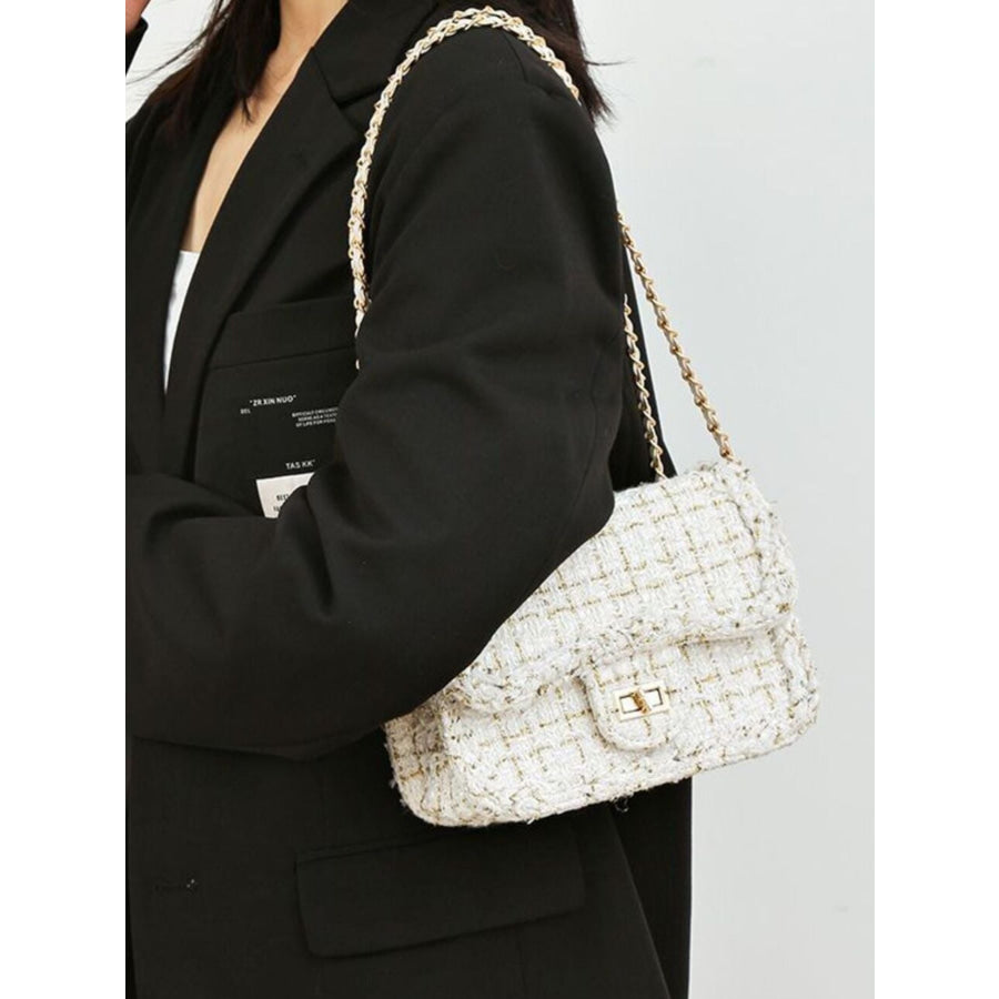 Tweed Chain Shoulder Bag White / One Size Apparel and Accessories