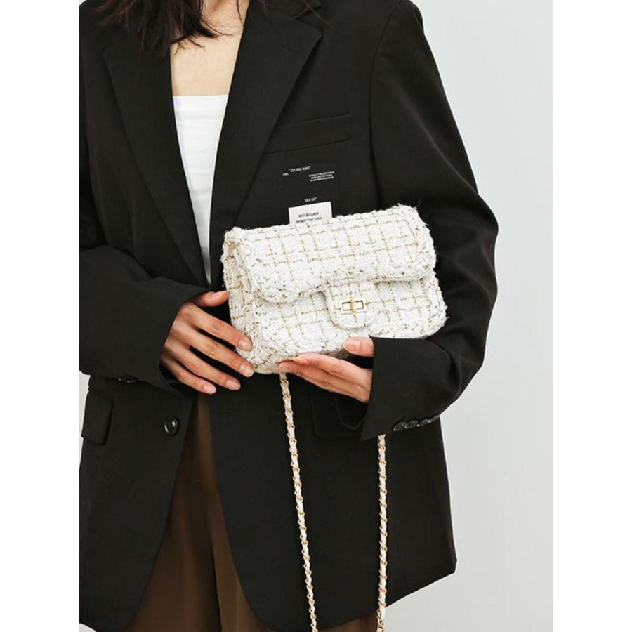 Tweed Chain Shoulder Bag White / One Size Apparel and Accessories