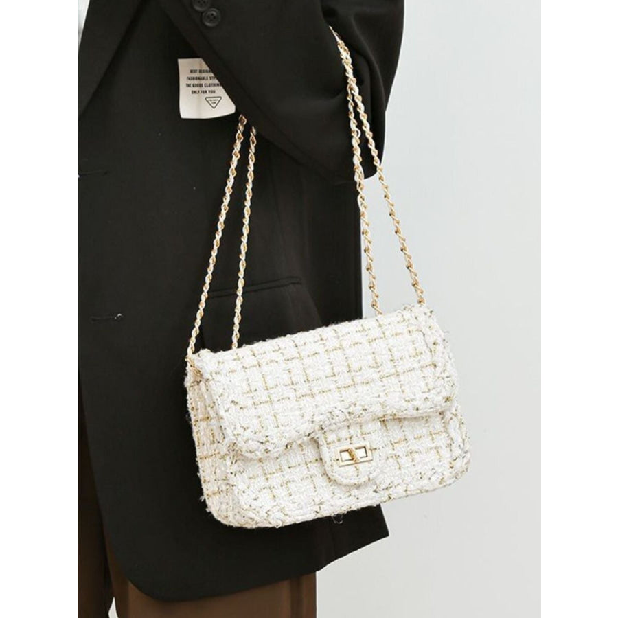Tweed Chain Shoulder Bag White / One Size Apparel and Accessories