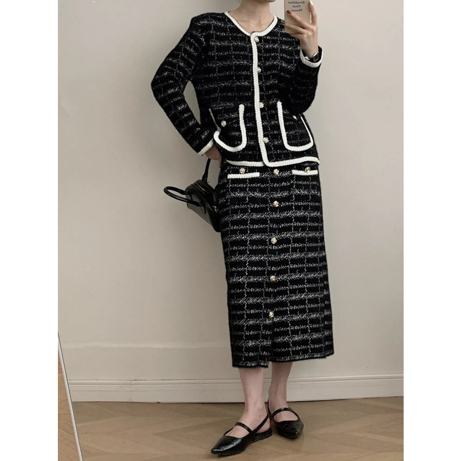 Tweed Contrast Trim Jacket and Skirt Set Apparel and Accessories