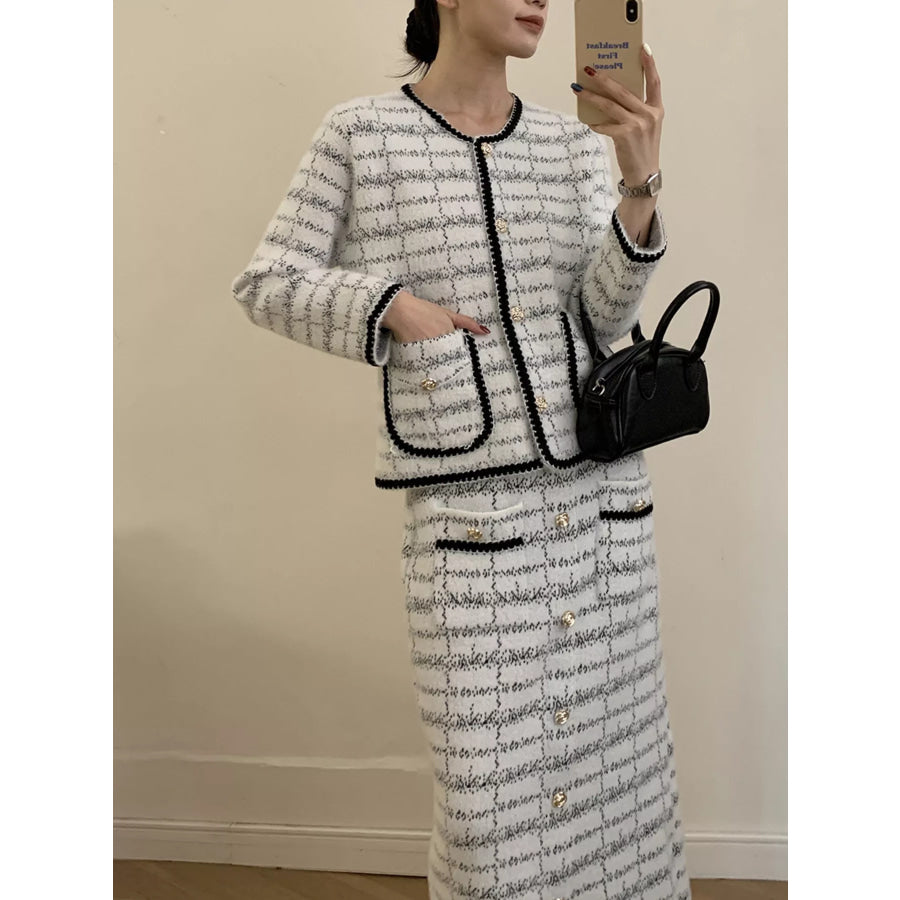Tweed Contrast Trim Jacket and Skirt Set Apparel and Accessories