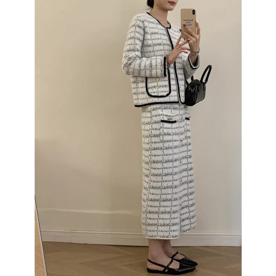 Tweed Contrast Trim Jacket and Skirt Set Apparel and Accessories