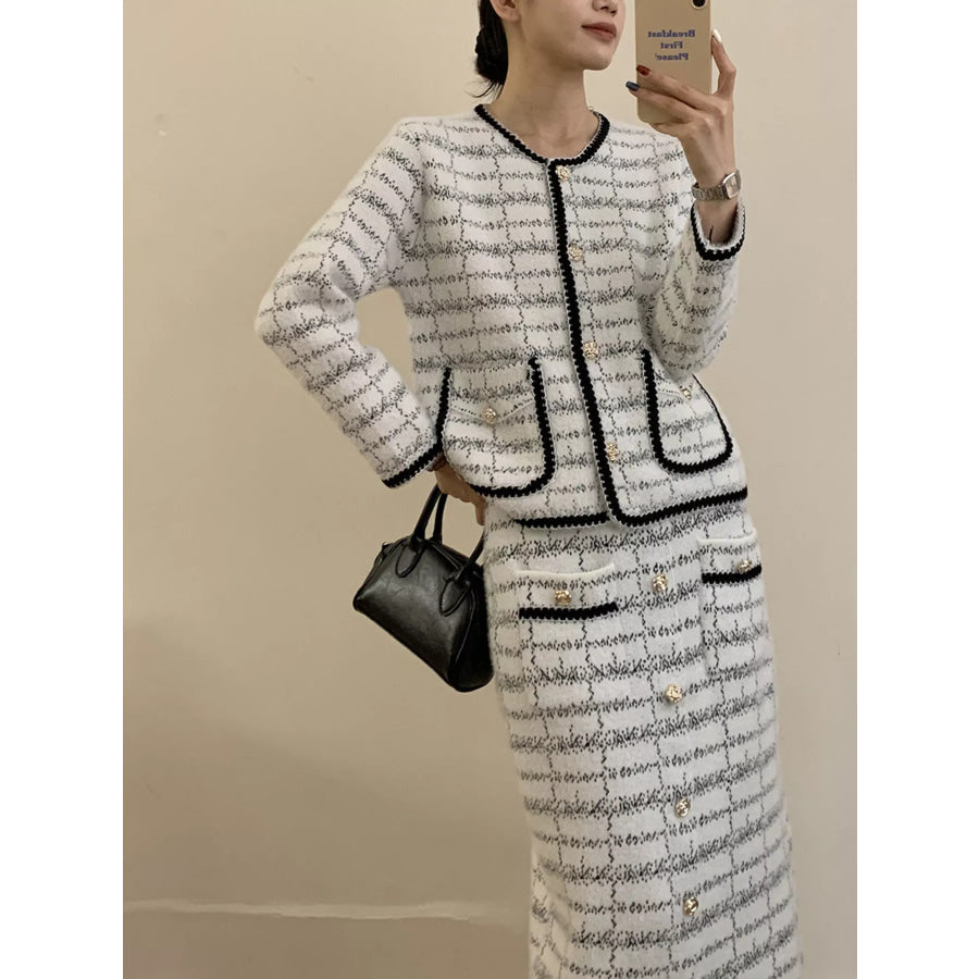 Tweed Contrast Trim Jacket and Skirt Set Apparel and Accessories