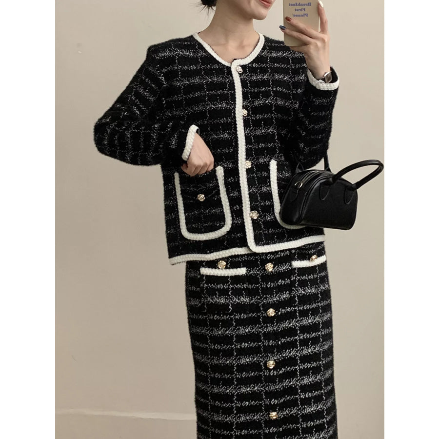 Tweed Contrast Trim Jacket and Skirt Set Black / One Size Apparel and Accessories
