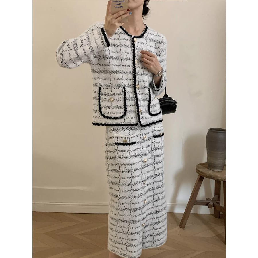 Tweed Contrast Trim Jacket and Skirt Set Milky White / One Size Apparel and Accessories