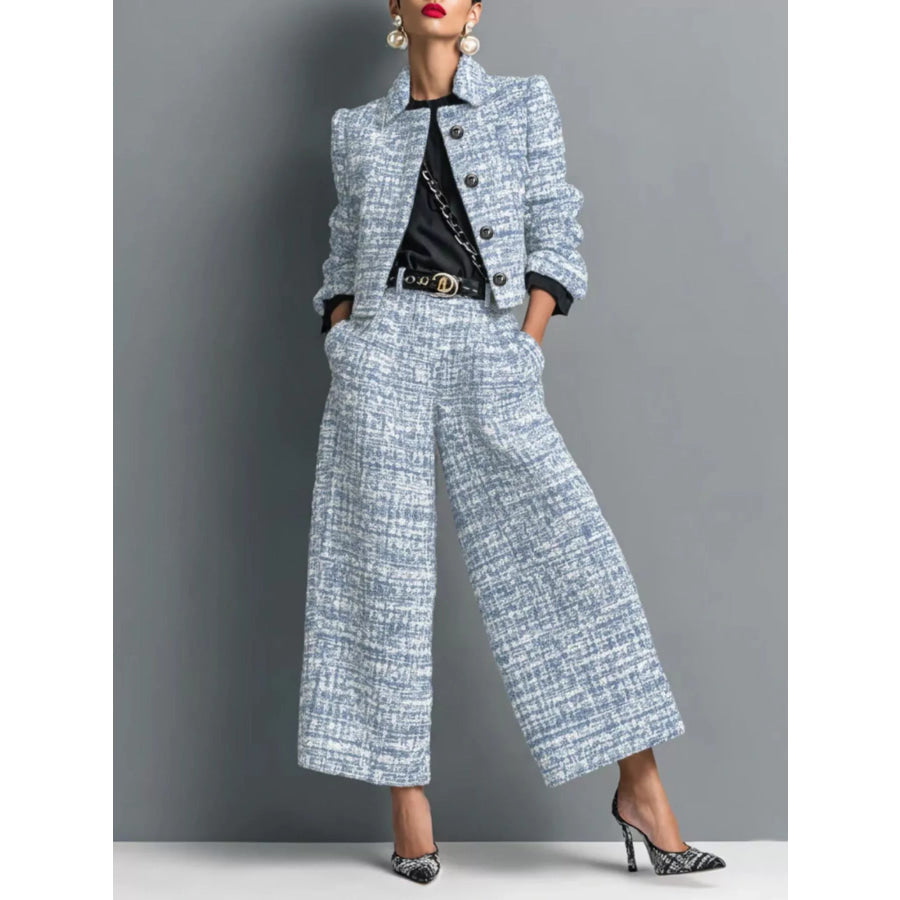 Tweed Cropped Jacket and Wide-Leg Pants Set Light Blue / XS Apparel Accessories