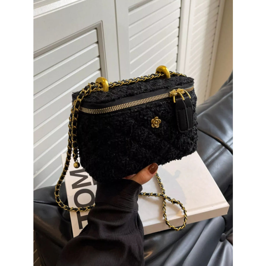 Tweed Crossbody Bag with Chain Strap Black / ONESIZE Apparel and Accessories