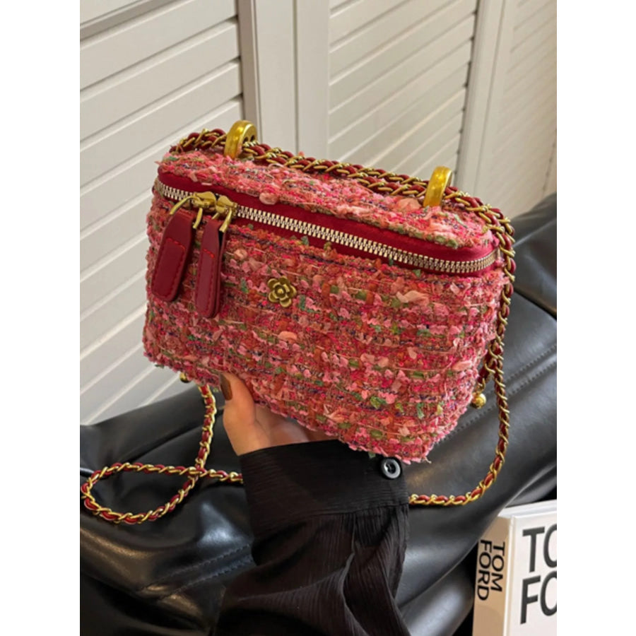 Tweed Crossbody Bag with Chain Strap Orange-Red / ONESIZE Apparel and Accessories