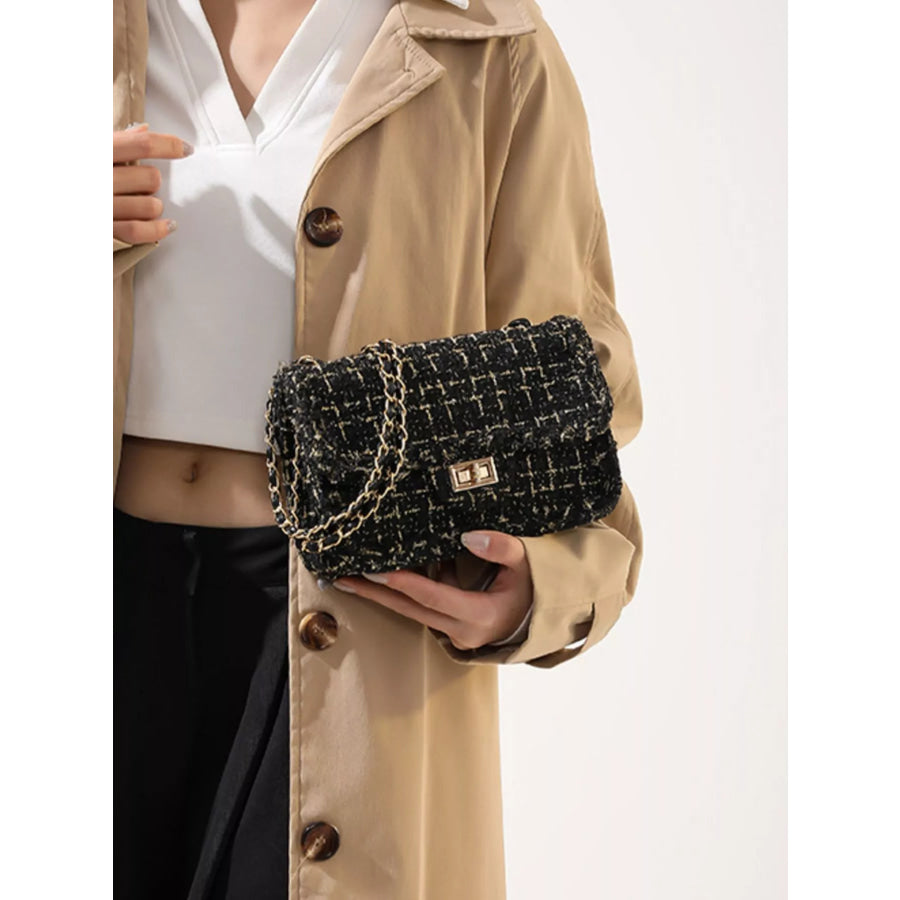 Tweed Flap Crossbody Bag Black / One Size Apparel and Accessories