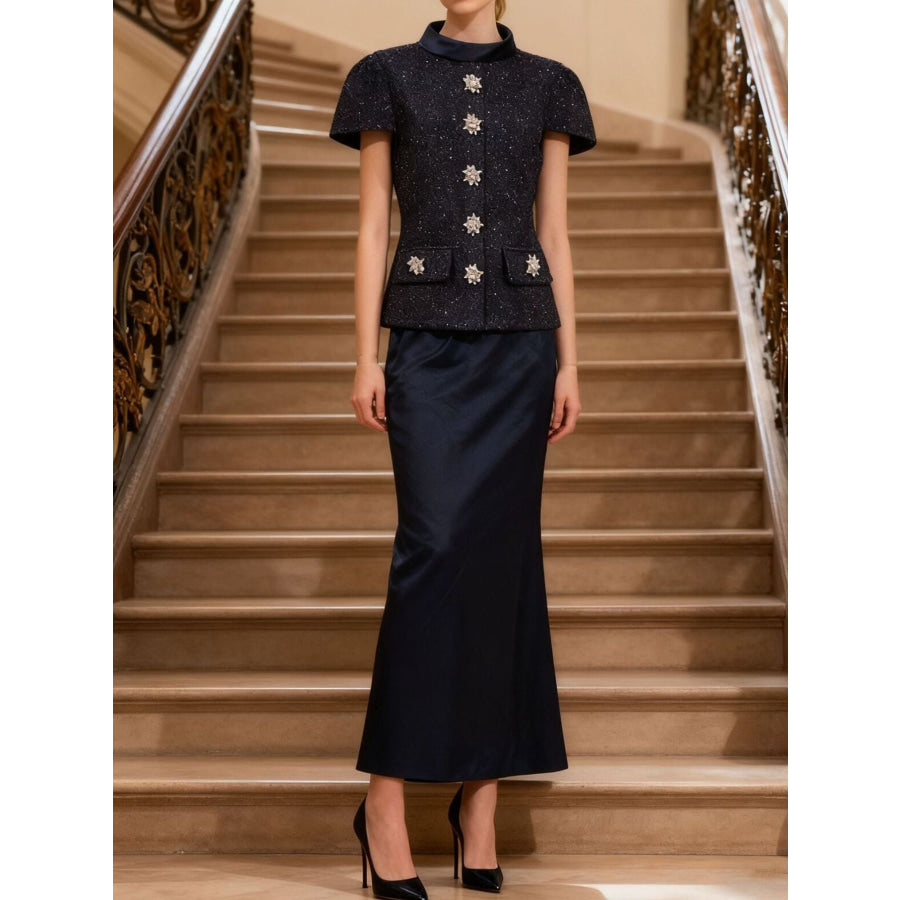 Tweed Jacket and Satin Skirt Set Navy Blue / S Apparel and Accessories