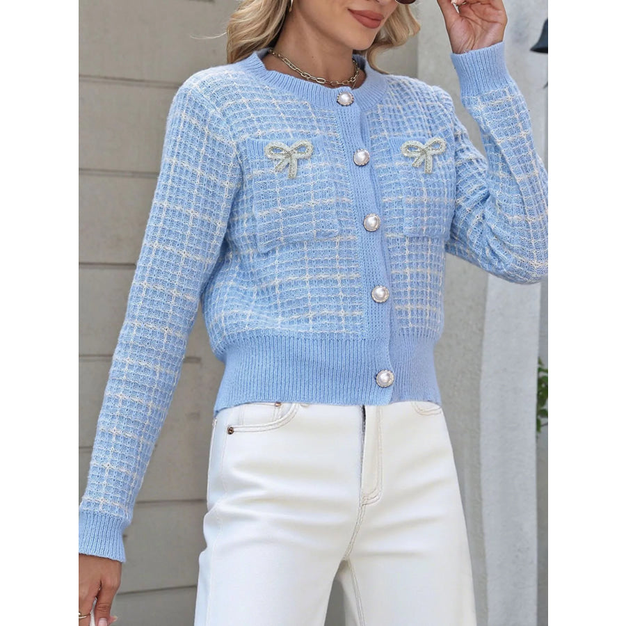 Tweed-Style Bow Button-Down Cardigan Apparel and Accessories