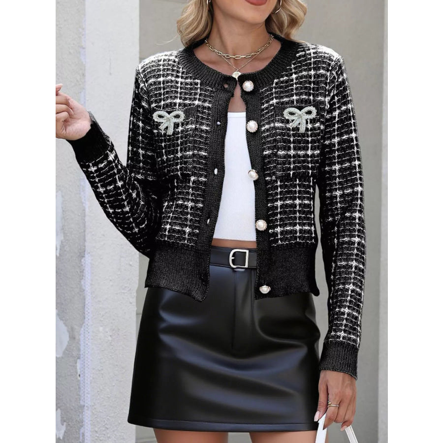 Tweed-Style Bow Button-Down Cardigan Apparel and Accessories
