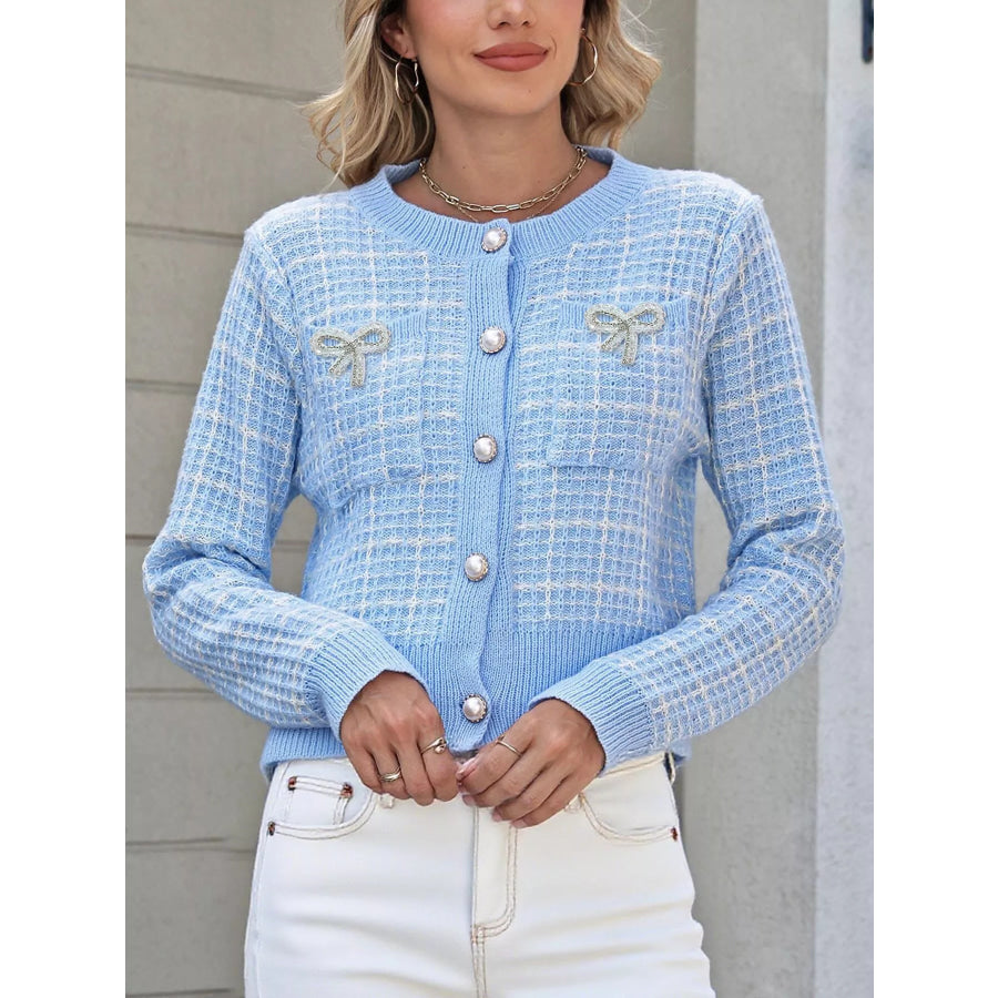 Tweed-Style Bow Button-Down Cardigan Apparel and Accessories