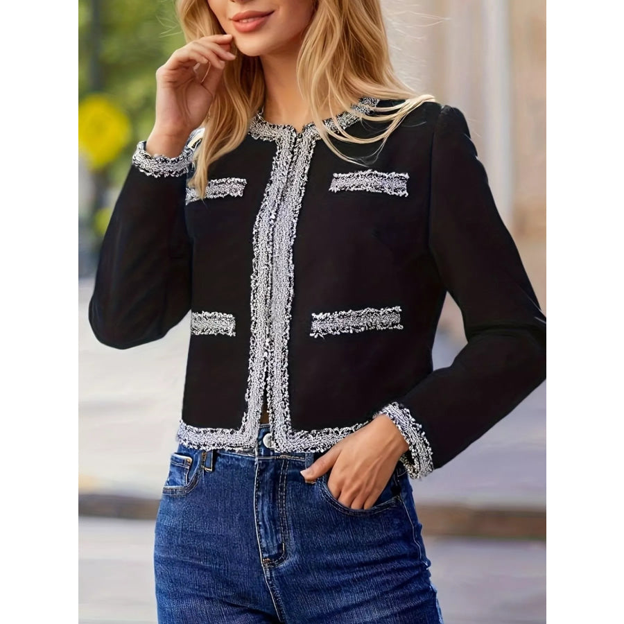 Tweed Trim Open Front Outerwear Apparel and Accessories