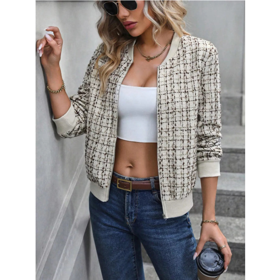 Tweed Zip Up Bomber Jacket Apricot / S Apparel and Accessories
