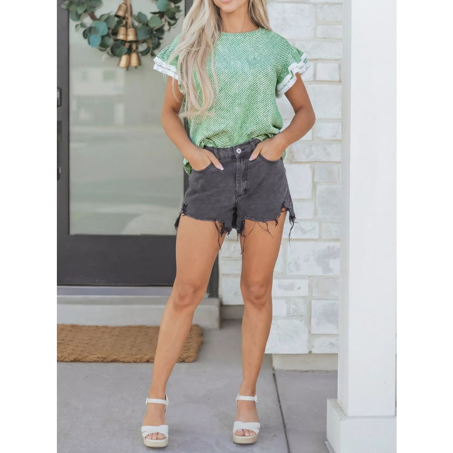 Twilled Print Lace Trim Ruffled Short Sleeve Blouse Apparel and Accessories