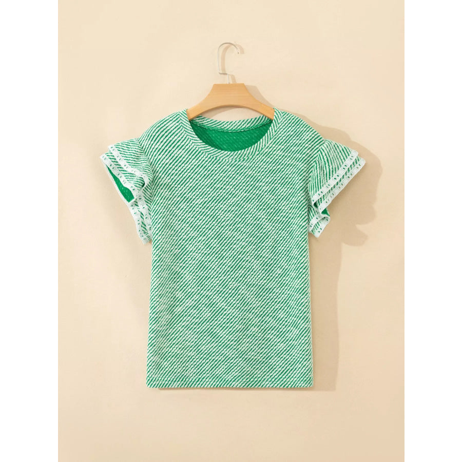 Twilled Print Lace Trim Ruffled Short Sleeve Blouse Apparel and Accessories