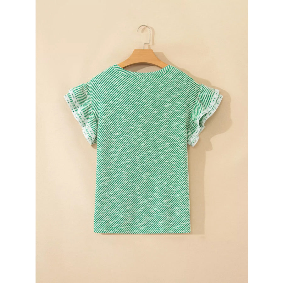Twilled Print Lace Trim Ruffled Short Sleeve Blouse Apparel and Accessories