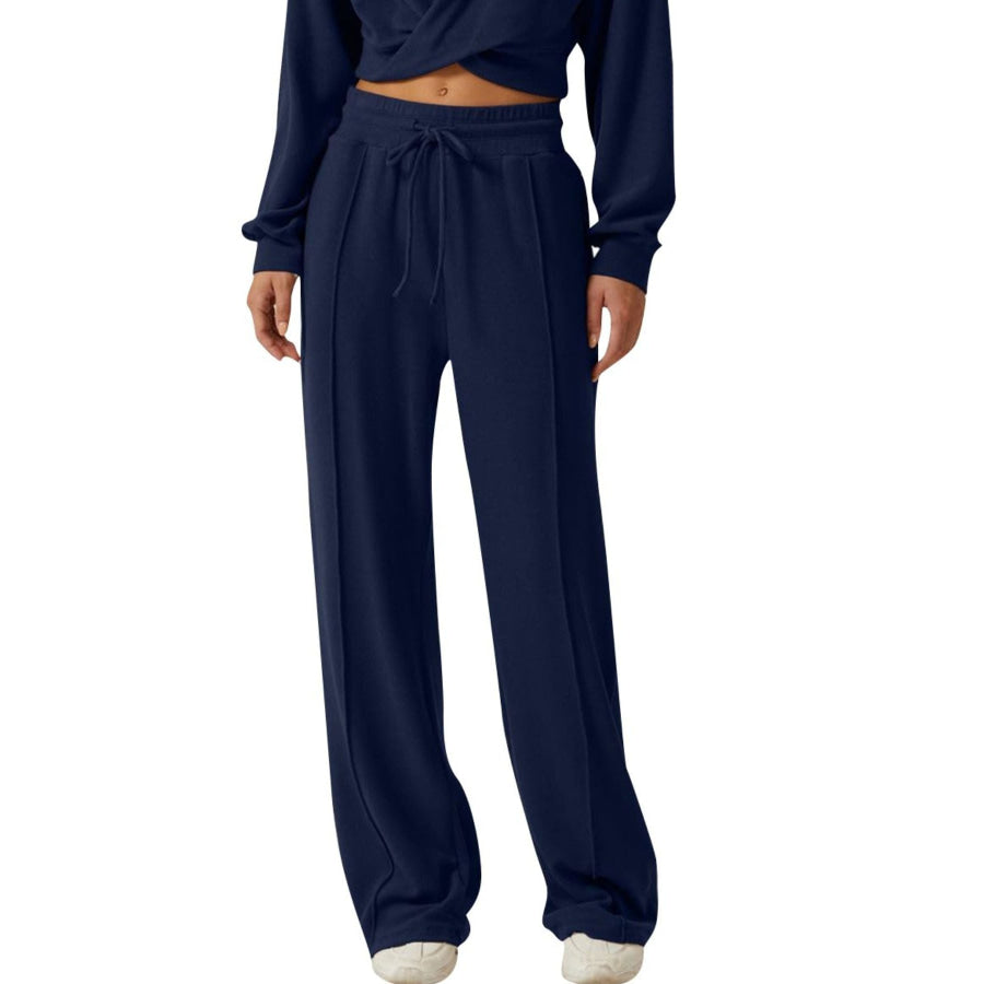 Twist-Front Long Sleeve Top and Pants Set Apparel Accessories